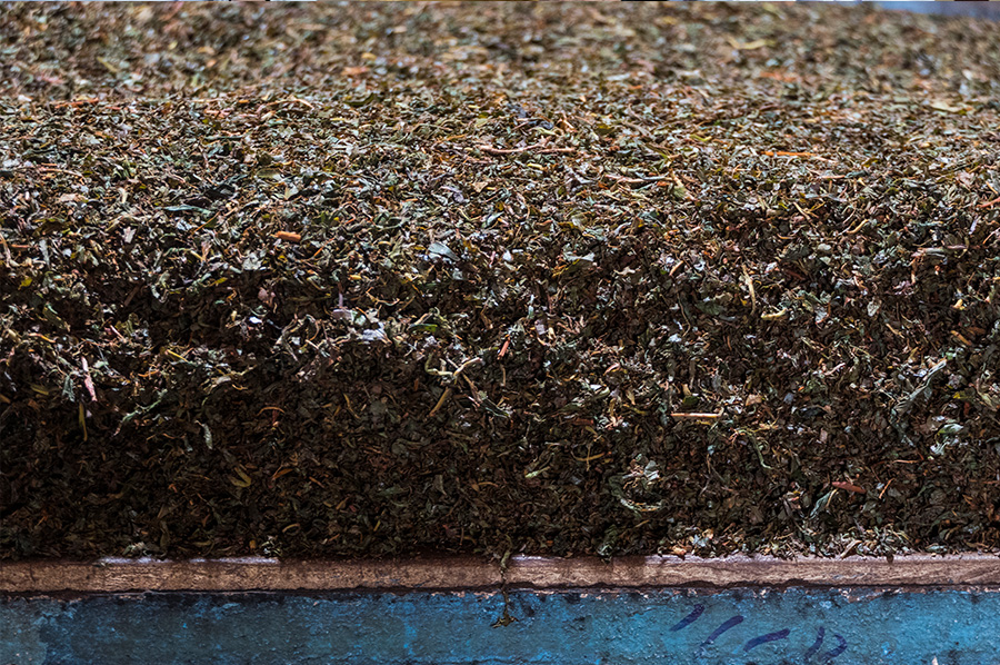 Tea clumped and drying upon a table.