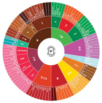The Australian Tea Masters tea flavour wheel in Korean language. An essential tool for any tea master.