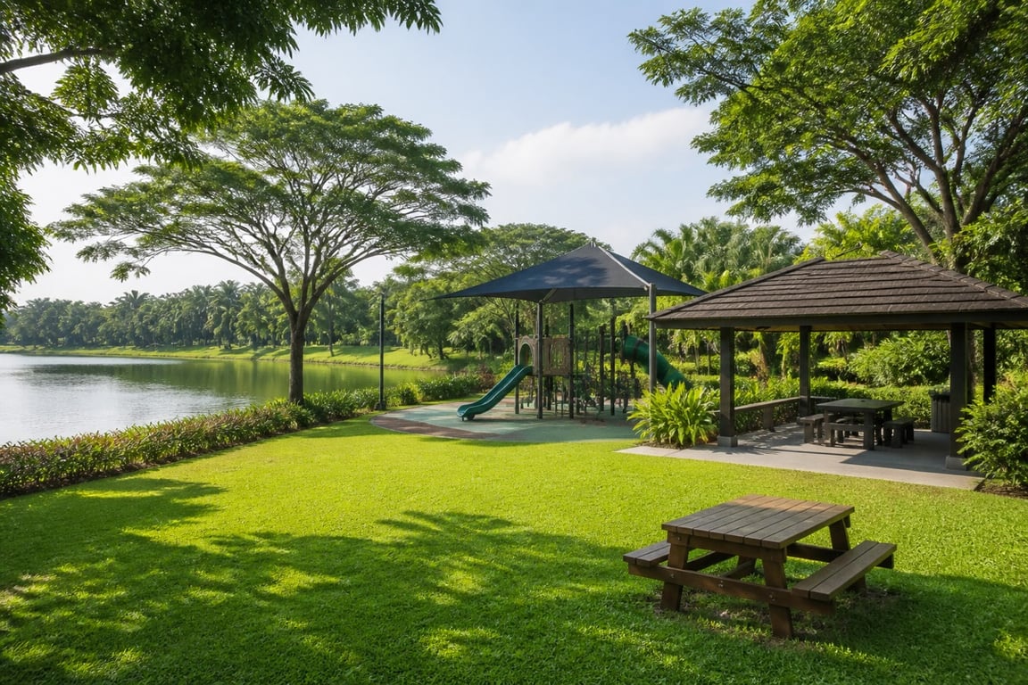 Green lakeside park with a playground and sheltered picnic area