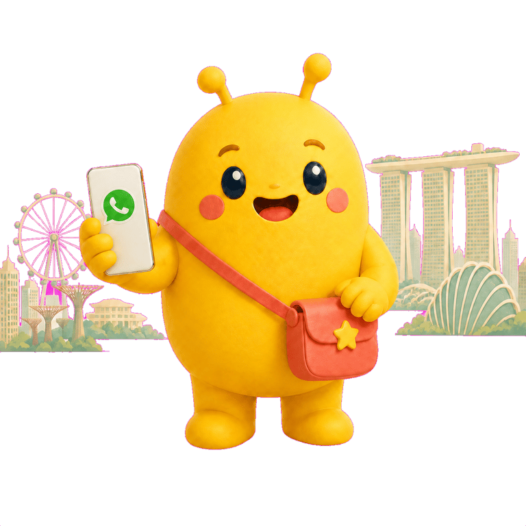 Sunny holding up a phone with WhatsApp, with the Singapore skyline behind