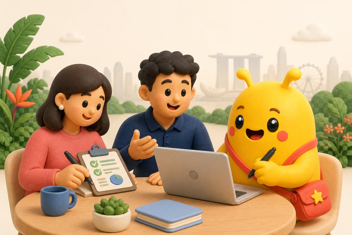 Sunny and two members of the Singapore team reviewing a plan together