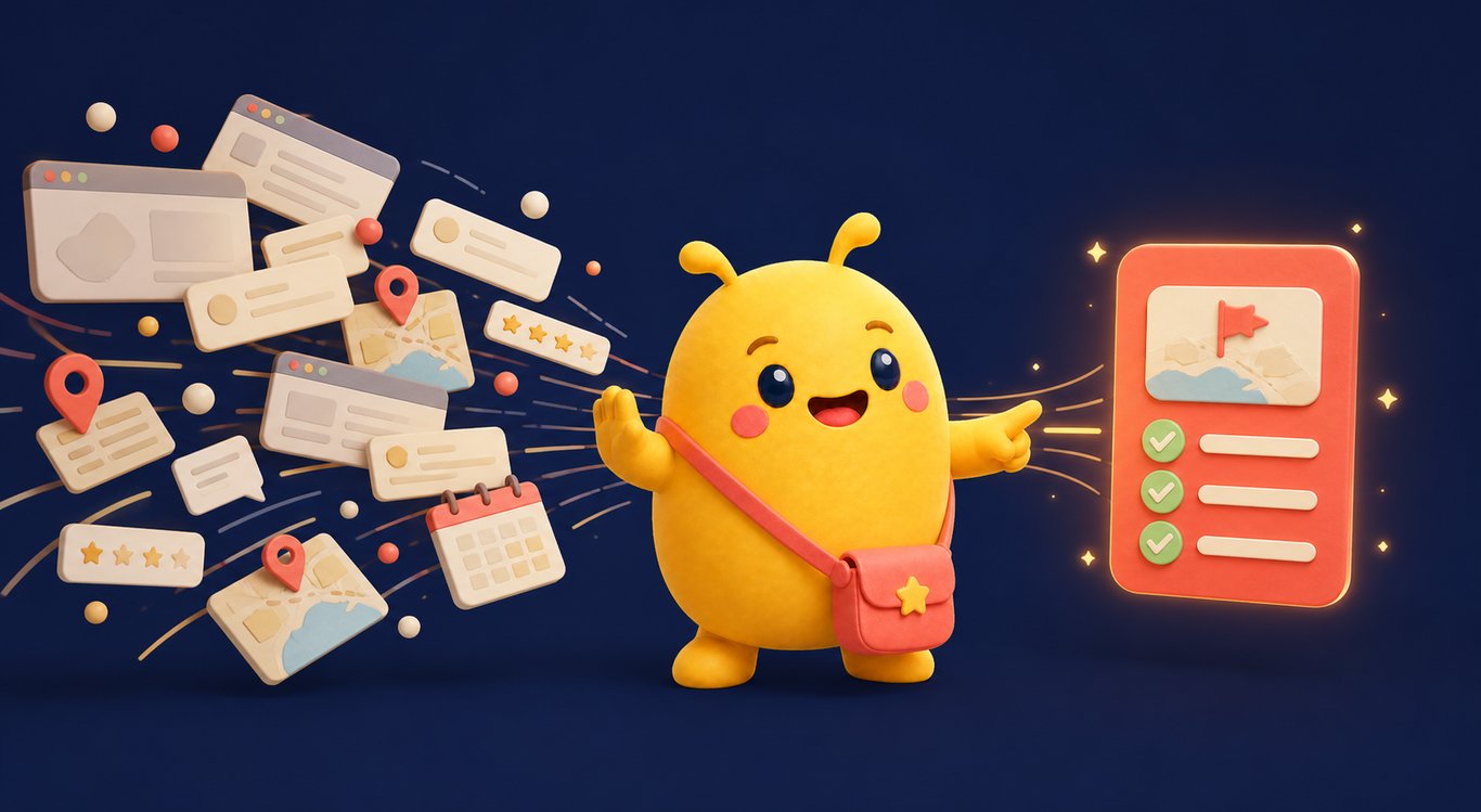 Sunny turns a jumble of tabs, reviews, maps and calendars into one checked plan.