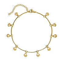 Anklet out of Stainless Steel with PVD-coating (gold color). Length:20-25cm. Adjustable length.  Shell