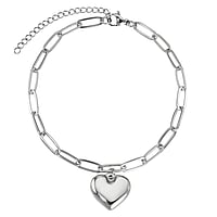 Anklet out of Stainless Steel. Width:16mm. Length:21-26cm. Adjustable length. Shiny.  Heart Love