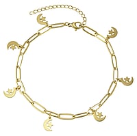 Anklet out of Stainless Steel with PVD-coating (gold color). Width:7mm. Length:21-26cm. Adjustable length. Shiny.  Moon Half moon Half-moon Star
