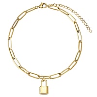 Anklet out of Stainless Steel with PVD-coating (gold color). Width:8mm. Length:21,5-26,5cm. Adjustable length. Shiny.  Lock