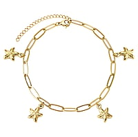 Anklet out of Stainless Steel with PVD-coating (gold color). Width:10mm. Length:21-26cm. Adjustable length. Shiny.  Starfish