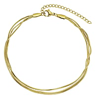 Anklet out of Stainless Steel with PVD-coating (gold color). Length:21-26cm. Width:3mm. Adjustable length. Shiny.