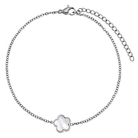 Anklet out of Stainless Steel with Mother of Pearl. Length:21-26cm. Width:10mm. Adjustable length. Shiny.  Flower