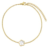 Anklet out of Stainless Steel with PVD-coating (gold color) and Mother of Pearl. Length:21-26cm. Width:10mm. Adjustable length. Shiny.  Flower