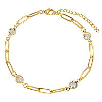 Anklet out of Stainless Steel and Acrylic glass with PVD-coating (gold color). Length:21-26cm. Width:6,5mm. Adjustable length. Shiny.