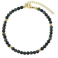 Jade anklet out of Stainless Steel with PVD-coating (gold color). Length:21-26cm. Width:5mm. Adjustable length. Shiny.