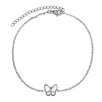 Anklet out of Stainless Steel with Mother of Pearl. Width:10,2mm. Length:21-26cm. Adjustable length. Shiny.  Butterfly