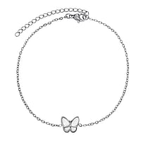 Tobillera de Acero fino con Madreperla. Ancho:10,2mm. Longitud:21-26cm. Longitud ajustable. brillante.  Mariposa