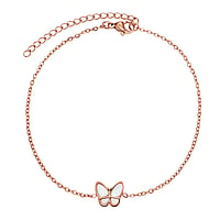 Anklet out of Stainless Steel with PVD-coating (gold color) and Mother of Pearl. Width:10,2mm. Length:21-26cm. Adjustable length. Shiny.  Butterfly