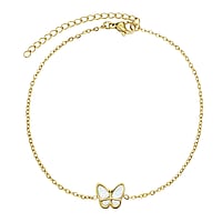 Anklet out of Stainless Steel with PVD-coating (gold color) and Mother of Pearl. Width:10,2mm. Length:21-26cm. Adjustable length. Shiny.  Butterfly