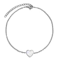 Anklet out of Stainless Steel with Mother of Pearl. Width:10mm. Length:21-26cm. Adjustable length. Shiny.  Heart Love