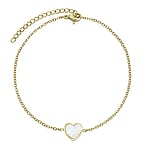 Anklet out of Stainless Steel with PVD-coating (gold color) and Mother of Pearl. Width:10mm. Length:21-26cm. Adjustable length. Shiny.  Heart Love