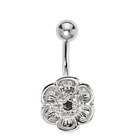 Bellypiercing out of Surgical Steel 316L and Rhodium plated brass with Crystal. Thread:1,6mm. Bar length:10mm. Width:12mm. Closure ball:5mm. Stone(s) are fixed in setting.  Flower