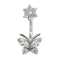 Navelpiercing uit Chirurgisch staal 316L met Kristal. Schroefdraad:1,6mm. Lengte staafje:8mm. Breedte:11mm. bolsluitingen:7mm. Glanzend. Steen/stenen met vatting gefixeerd.  vlinder bloem