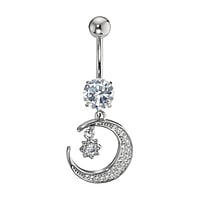 Bellypiercing out of Surgical Steel 316L with zirconia. Thread:1,6mm. Width:15mm. Bar length:10mm. Closure ball:5mm. Stone(s) are fixed in setting. Shiny.  Moon Half moon Half-moon Star