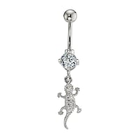 Navelpiercing uit Chirurgisch staal 316L met Zirkonia. Schroefdraad:1,6mm. Breedte:8,5mm. Lengte staafje:10mm. bolsluitingen:5mm. Steen/stenen met vatting gefixeerd. Glanzend.  salamander gekko gecko hagedis