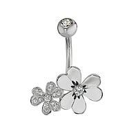 Navelpiercing uit Chirurgisch staal 316L met Kristal. Schroefdraad:1,6mm. Lengte staafje:10mm. Breedte:18mm. bolsluitingen:5mm. Glanzend. Steen/stenen met vatting gefixeerd.  bloem