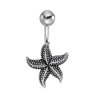 Belly piercing out of Surgical Steel 316L. Thread:1,6mm. Bar length:10mm. Width:14mm. Closure ball:5mm.  Starfish