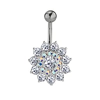 Navelpiercing uit Chirurgisch staal 316L en Zilver 925 met Kristal. Schroefdraad:1,6mm. Lengte staafje:10mm. Breedte:18mm. bolsluitingen:5mm. Glanzend.  bloem