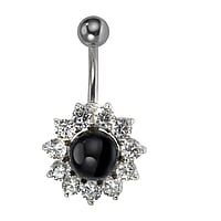 Navelpiercing uit Chirurgisch staal 316L en Zilver 925 met Parels synthetische en Kristal. Schroefdraad:1,6mm. bolsluitingen:5mm. Breedte:16mm. Glanzend. Steen/stenen met vatting gefixeerd.  bloem