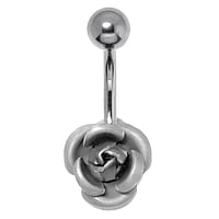 Belly piercing out of Surgical Steel 316L and Rhodium plated brass. Thread:1,6mm. Bar length:10mm. Closure ball:5mm.  Rose Flower