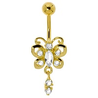 Gold plated belly piercing out of Surgical Steel 316L and Brass with PVD-coating (gold color) and Crystal. Thread:1,6mm. Bar length:10mm.  Butterfly