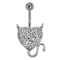 Bellypiercing out of Surgical Steel 316L and Rhodium plated brass with Crystal. Thread:1,6mm. Bar length:10mm. Closure ball:5mm.  Devil's heart Heart with Horns