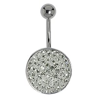 Bellypiercing out of Surgical Steel 316L and Rhodium plated brass with Crystal. Thread:1,6mm. Bar length:10mm. Diameter:14,7mm. Closure ball:5mm.
