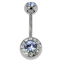 Bellypiercing out of Surgical Steel 316L with Crystal. Thread:1,6mm. Bar length:10mm. Closure ball:6mm.