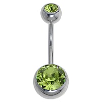 Piercing nombril en Acier chirurgical 316L avec Cristal. Pas-de-vis:1,6mm. Longueur de la tige:12mm. Diamtre-Boule:10mm. Boule de fermeture:6mm.