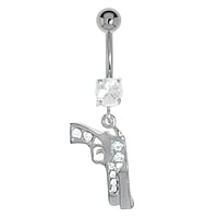 Bellypiercing out of Surgical Steel 316L and Silver 925 with Crystal. Thread:1,6mm. Bar length:10mm. Closure ball:5mm.  Pistol Gun Revolver