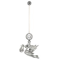 Pregnancy piercing out of Surgical Steel 316L and Bioplast with Crystal and steel-plated brass. Closure ball:5mm. Bar length:30mm. Thread:1,6mm. Ideal for belly piercing, during pregnancy.  Eagle Bird Stork