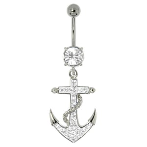 Bellypiercing Surgical Steel 316L Rhodium plated brass Crystal Anchor rope ship