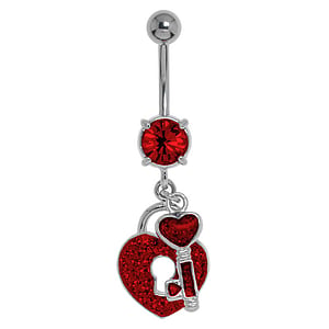 Bellypiercing Surgical Steel 316L Rhodium plated brass Crystal Heart Love Lock Key