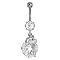 Bellypiercing out of Surgical Steel 316L and Rhodium plated brass with Crystal. Thread:1,6mm. Bar length:10mm. Closure ball:5mm.  Heart Love Lock Key