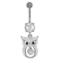 Bellypiercing out of Surgical Steel 316L and Rhodium plated brass with Crystal. Thread:1,6mm. Bar length:10mm. Closure ball:5mm.  Owl Heart Love