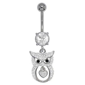 Bellypiercing Surgical Steel 316L Rhodium plated brass Crystal Owl Heart Love