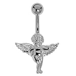 Belly piercing out of Surgical Steel 316L and Rhodium plated brass. Thread:1,6mm. Width:17mm. Closure ball:5mm.  Angel Wings