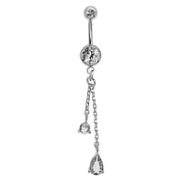 Bellypiercing out of Surgical Steel 316L and Rhodium plated brass with Premium crystal and Crystal. Thread:1,6mm. Bar length:10mm. Closure ball:5mm.  Drop drop-shape waterdrop