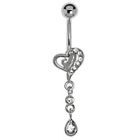 Bellypiercing out of Surgical Steel 316L and Rhodium plated brass with Crystal. Thread:1,6mm. Bar length:10mm. Closure ball:5mm.  Heart Love Drop drop-shape waterdrop
