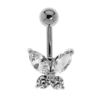 Bellypiercing out of Surgical Steel 316L and Rhodium plated brass with Crystal. Thread:1,6mm. Bar length:8mm. Closure ball:5mm. Stone(s) are fixed in setting.  Butterfly