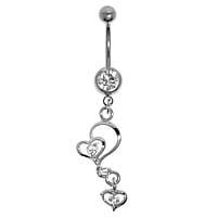 Bellypiercing out of Surgical Steel 316L and Rhodium plated brass with Crystal. Thread:1,6mm. Bar length:12mm. Closure ball:5mm.  Heart Love