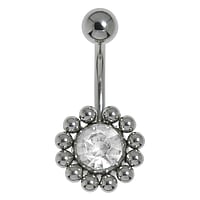 Bauchpiercing aus Chirurgenstahl 316L mit Kristall. Gewinde:1,6mm. Stablnge:10mm. Verschlusskugel:5mm.  Blume