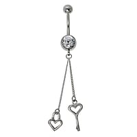 Bellypiercing out of Surgical Steel 316L and Silver 925 with Crystal. Thread:1,6mm. Bar length:10mm. Closure ball:5mm.  Heart Love Key